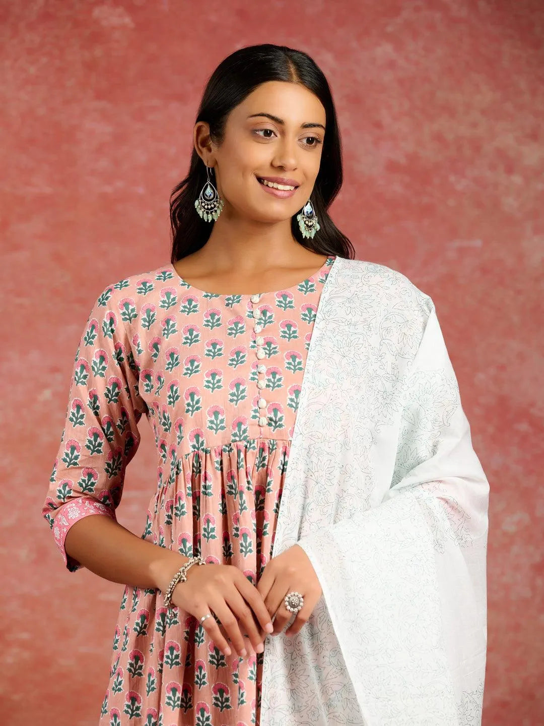 Mameraa Peach Printed Cotton A-Line Kurta With Palazzos & Dupatta