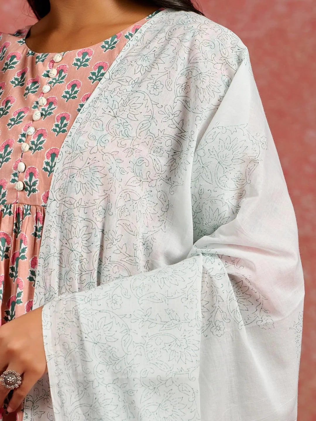 Mameraa Peach Printed Cotton A-Line Kurta With Palazzos & Dupatta