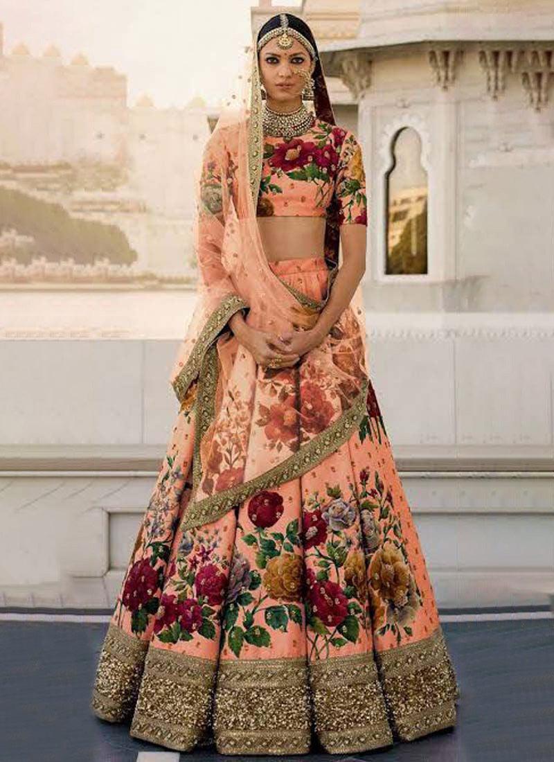 Peach Printed Pearl Work Heavily Drape Lehenga Choli Set