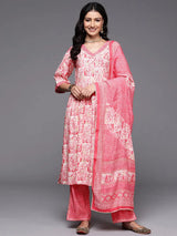 Gerua Peach Printed Silk Blend A-Line Kurta With Palazzos & Dupatta