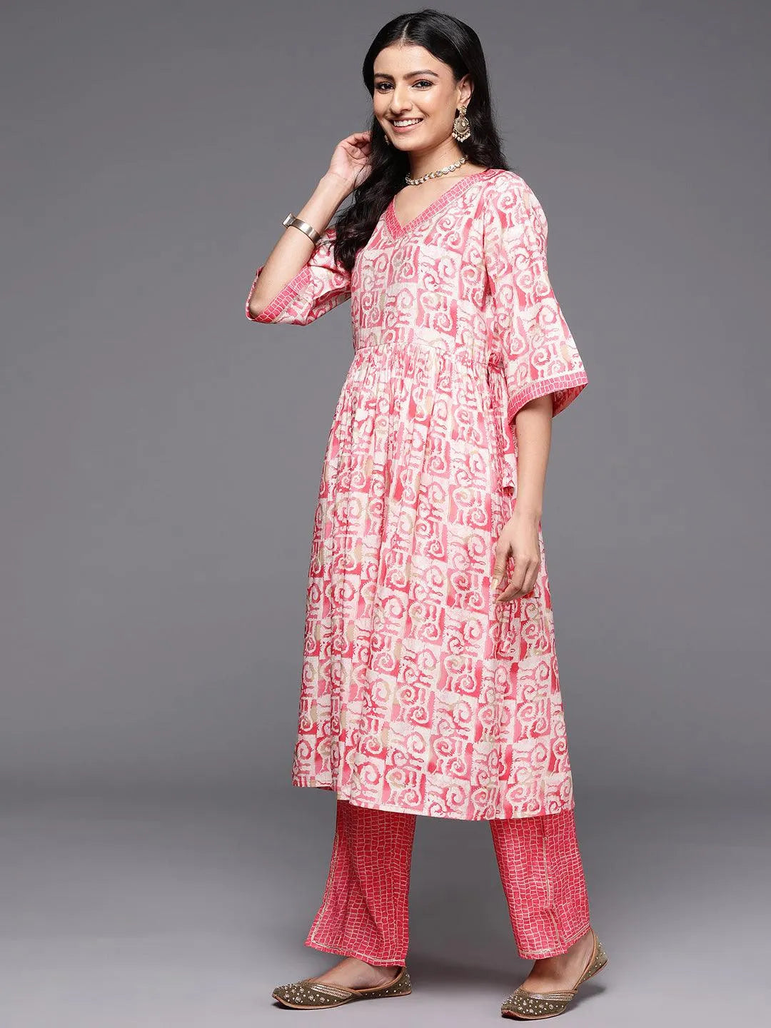 Gerua Peach Printed Silk Blend A-Line Kurta With Palazzos & Dupatta
