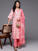 Gerua Peach Printed Silk Blend A-Line Kurta With Palazzos & Dupatta