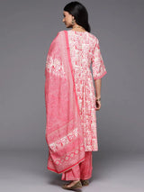 Gerua Peach Printed Silk Blend A-Line Kurta With Palazzos & Dupatta