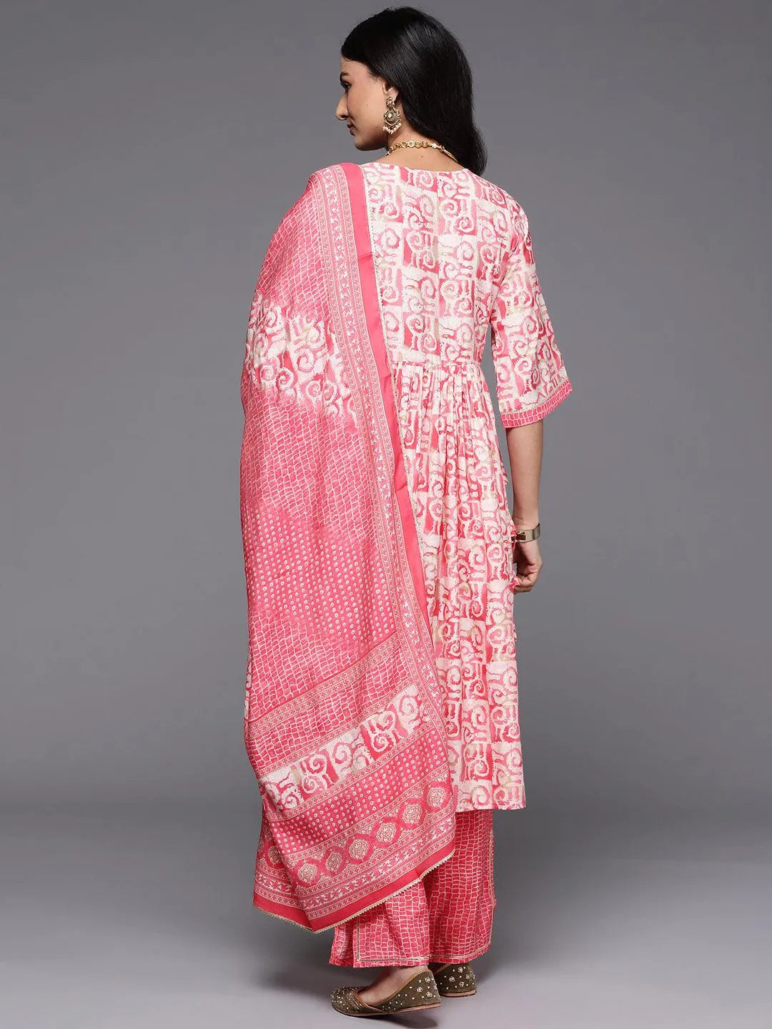 Gerua Peach Printed Silk Blend A-Line Kurta With Palazzos & Dupatta