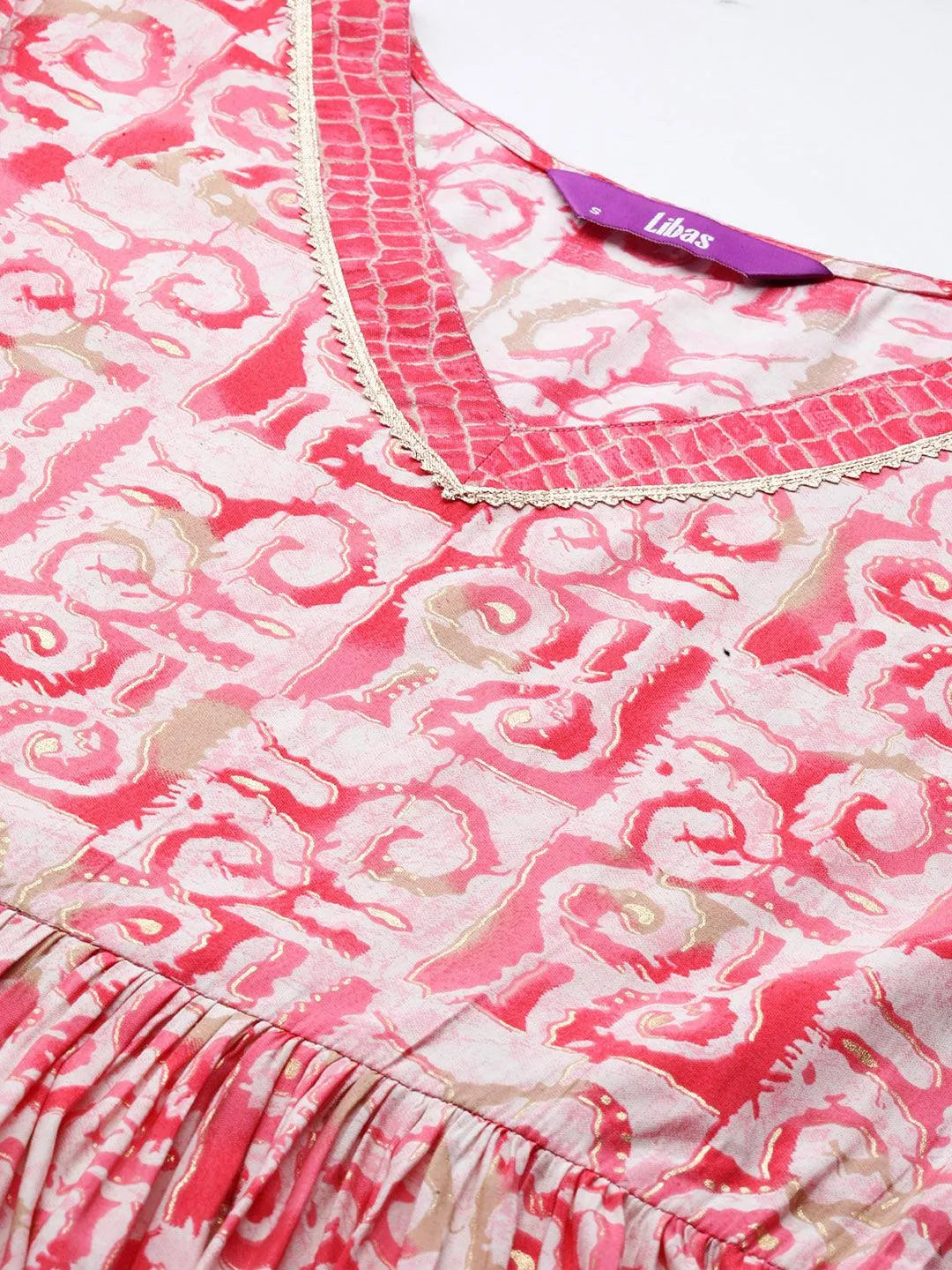 Gerua Peach Printed Silk Blend A-Line Kurta With Palazzos & Dupatta