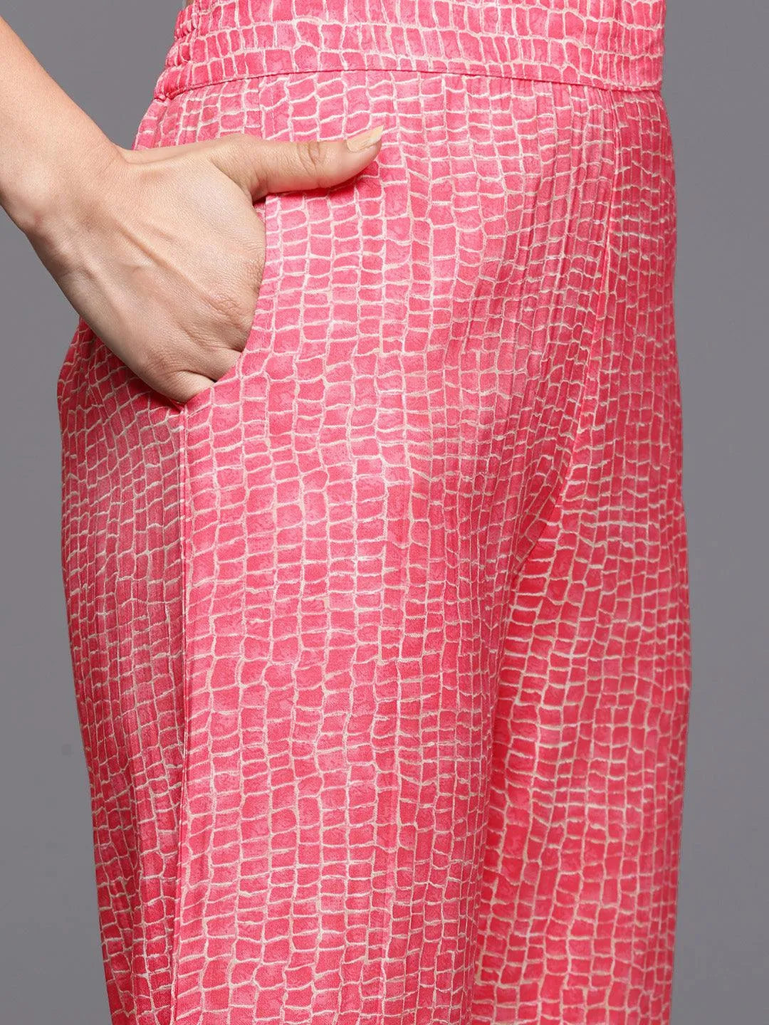 Gerua Peach Printed Silk Blend A-Line Kurta With Palazzos & Dupatta