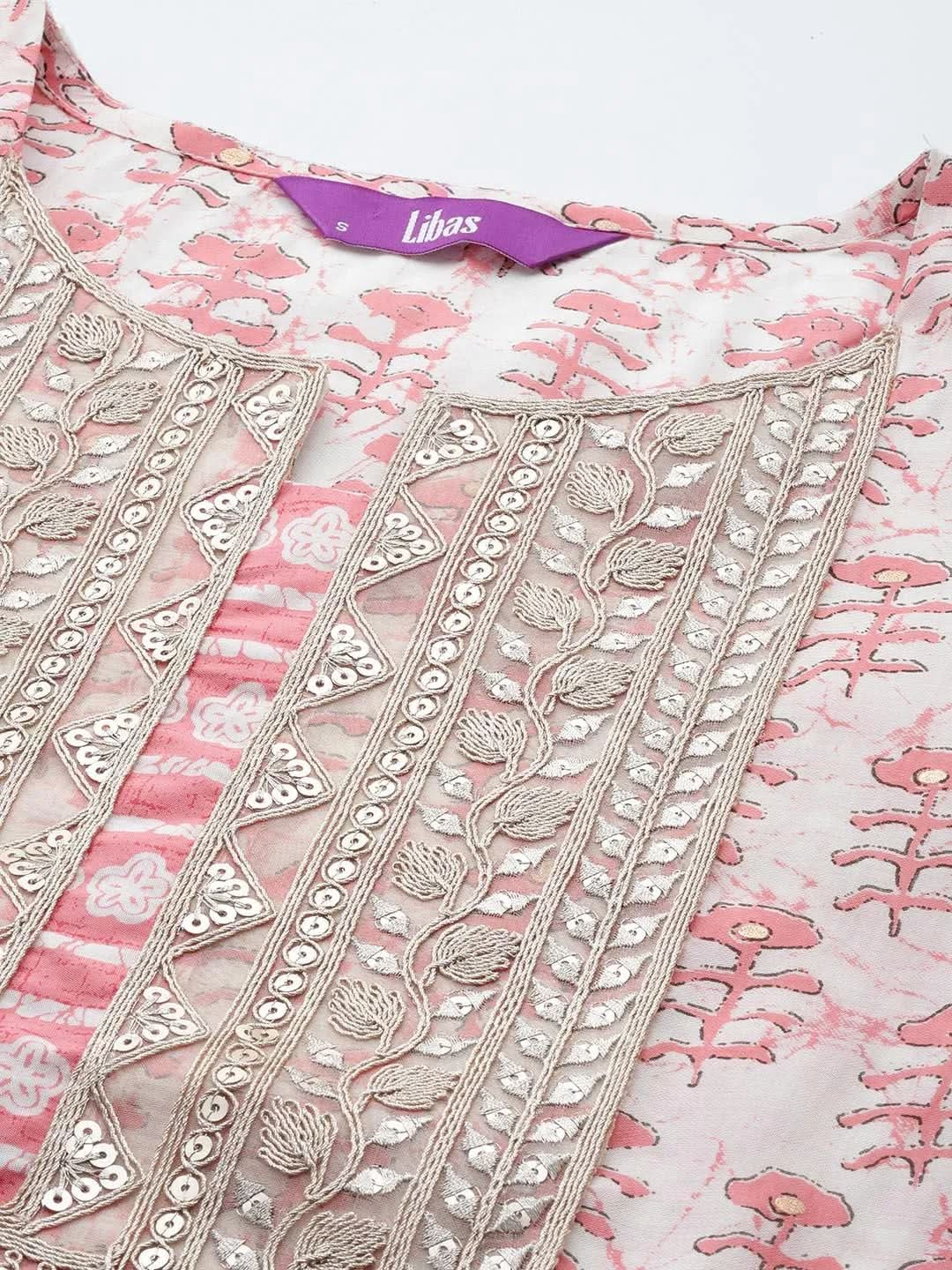 Mameraa Peach Printed Silk Straight Kurta With Trousers