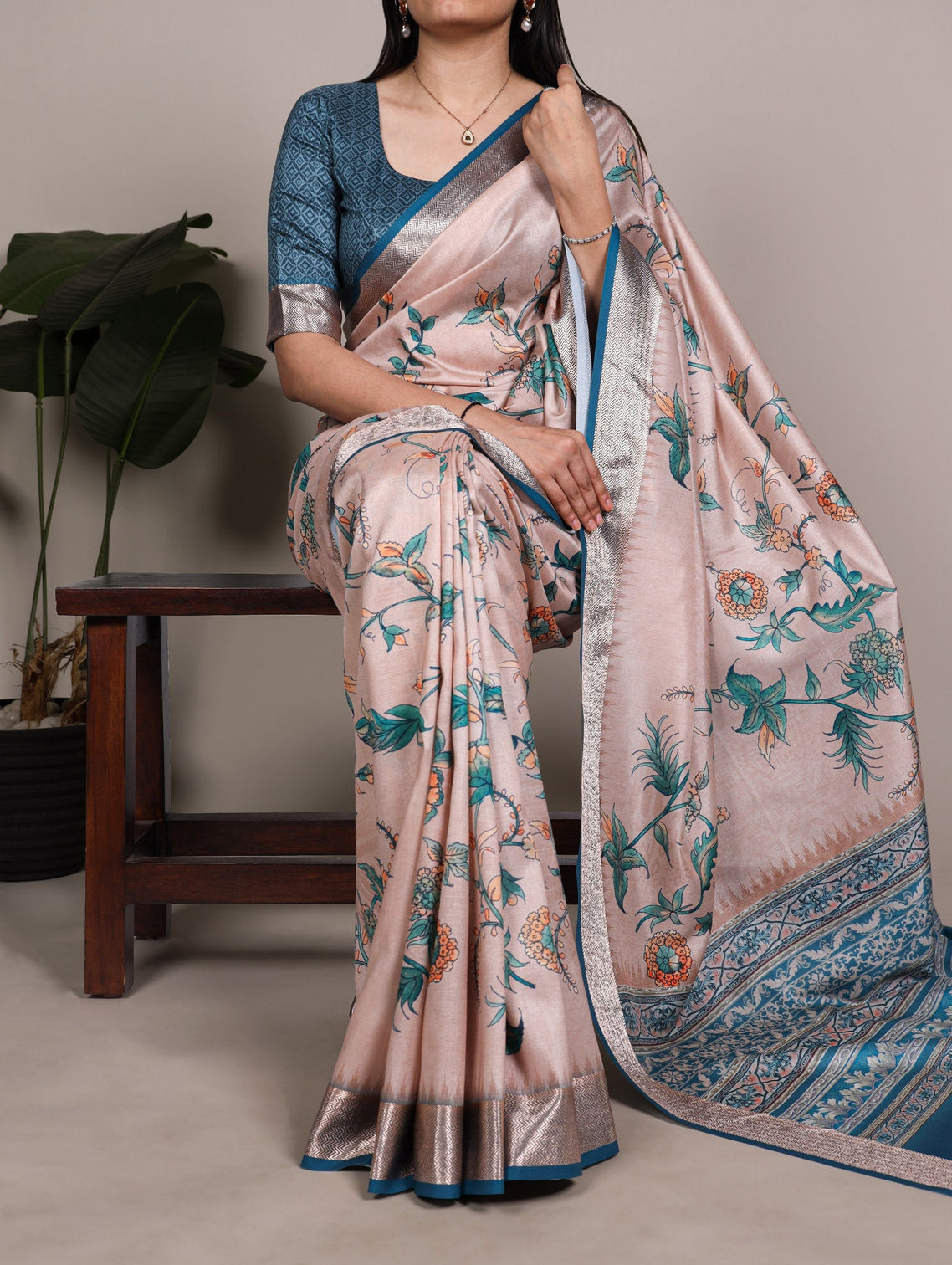 Peach Printed Tasar Silk Saree