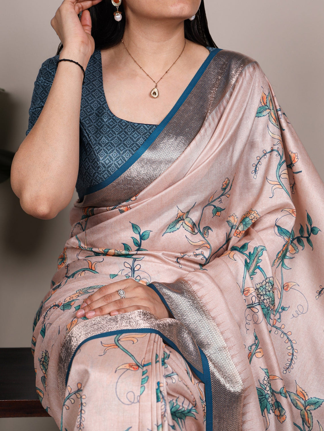 Peach Printed Tasar Silk Saree