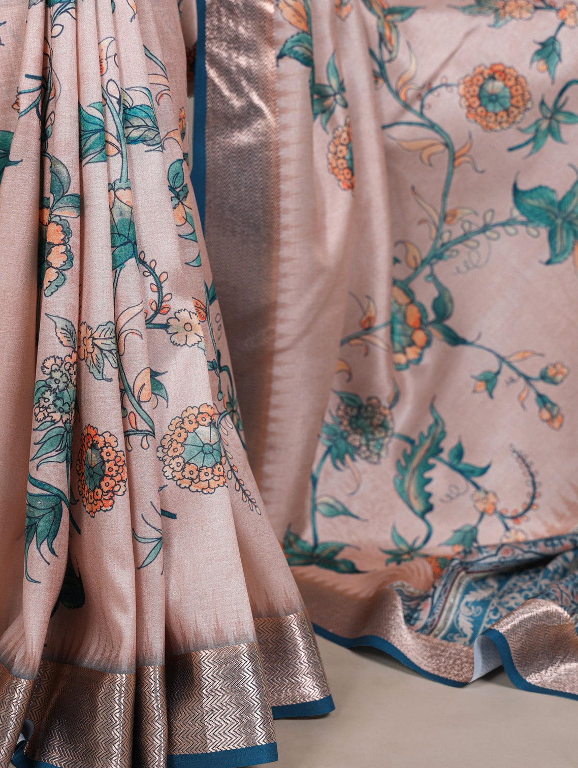 Peach Printed Tasar Silk Saree