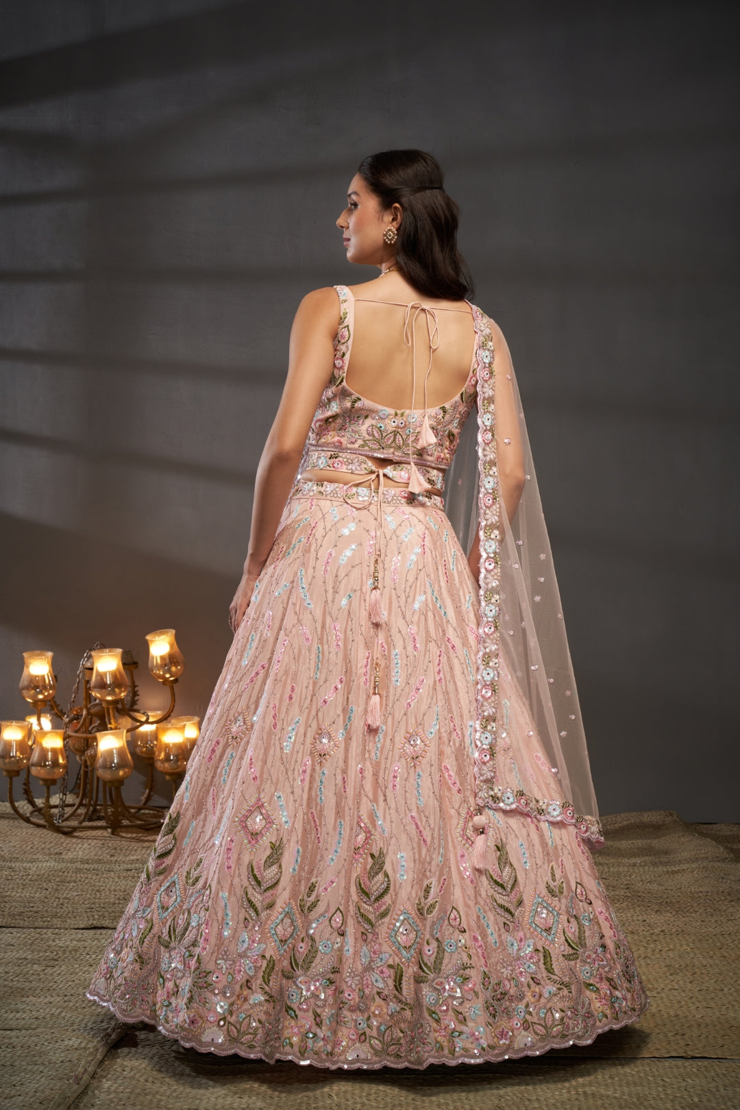 Peach Pure Chiffon Lehenga Choli Set with Mirror, Zardosi & Sequin Work