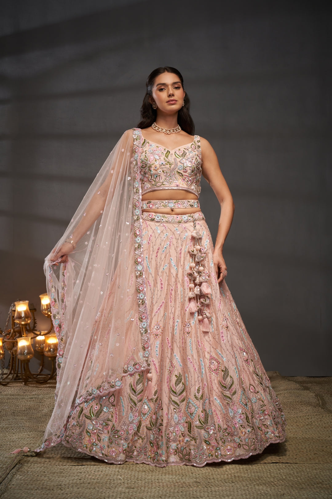 Peach Pure Chiffon Lehenga Choli Set with Mirror, Zardosi & Sequin Work