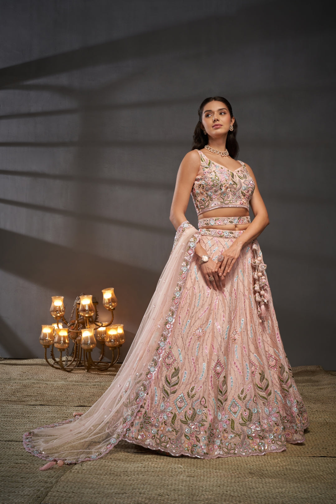 Peach Pure Chiffon Lehenga Choli Set with Mirror, Zardosi & Sequin Work