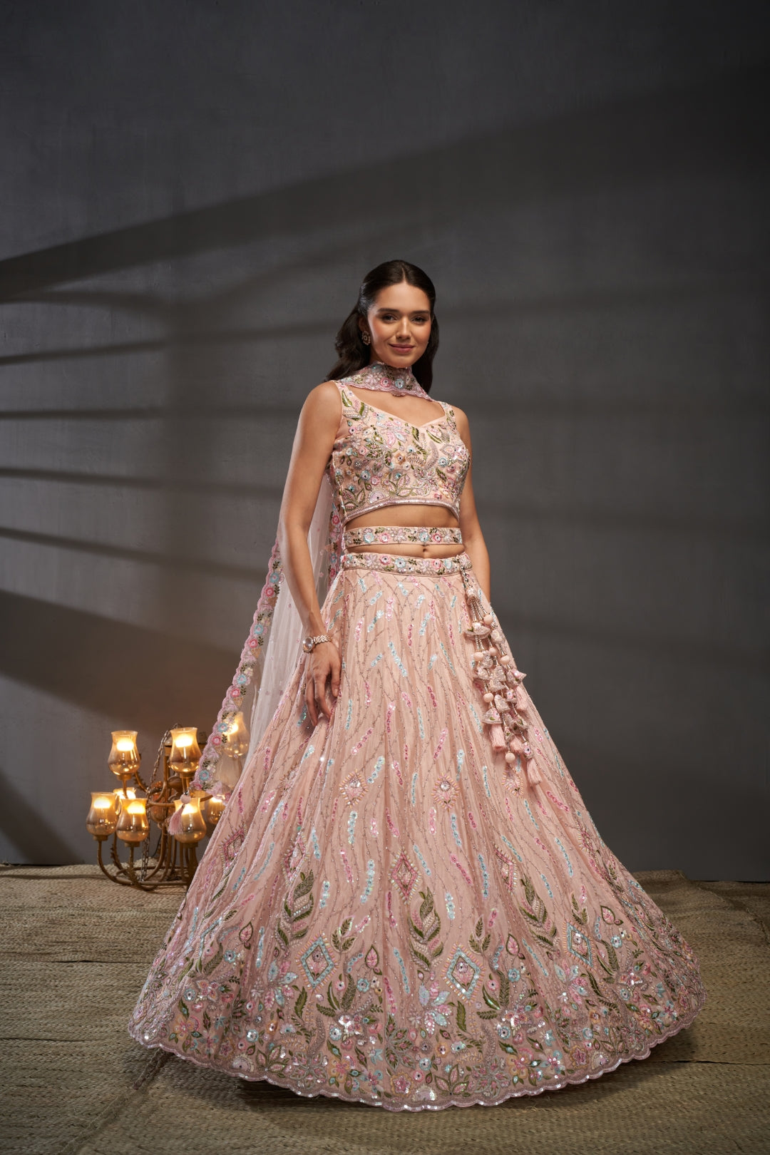 Peach Pure Chiffon Lehenga Choli Set with Mirror, Zardosi & Sequin Work