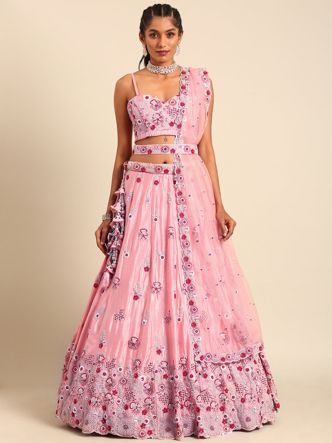 Peach Pure georgette Sequins, Zarkan and thread embroidery Semi-Stitched Lehenga choli & Dupatta