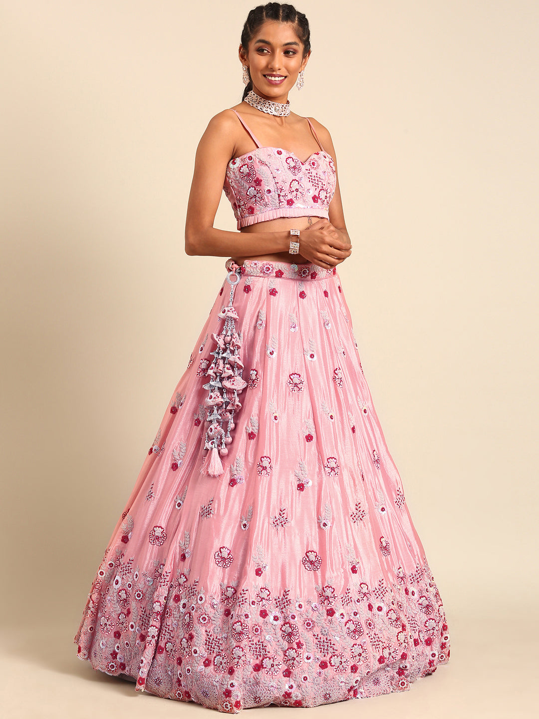 Peach Pure georgette Sequins, Zarkan and thread embroidery Semi-Stitched Lehenga choli & Dupatta
