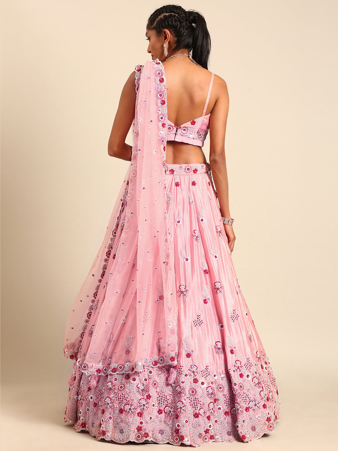 Peach Pure georgette Sequins, Zarkan and thread embroidery Semi-Stitched Lehenga choli & Dupatta