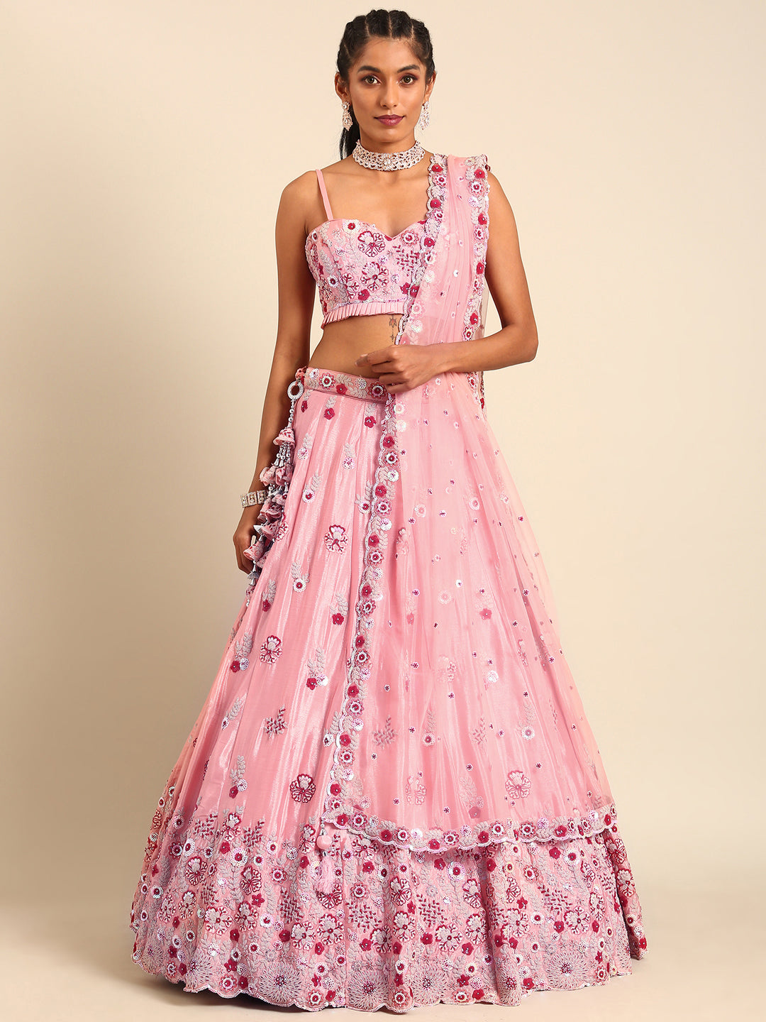 Peach Pure georgette Sequins, Zarkan and thread embroidery Semi-Stitched Lehenga choli & Dupatta