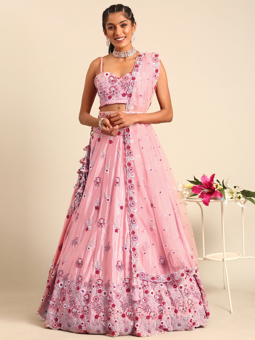 Peach Pure georgette Sequins, Zarkan and thread embroidery Semi-Stitched Lehenga choli & Dupatta