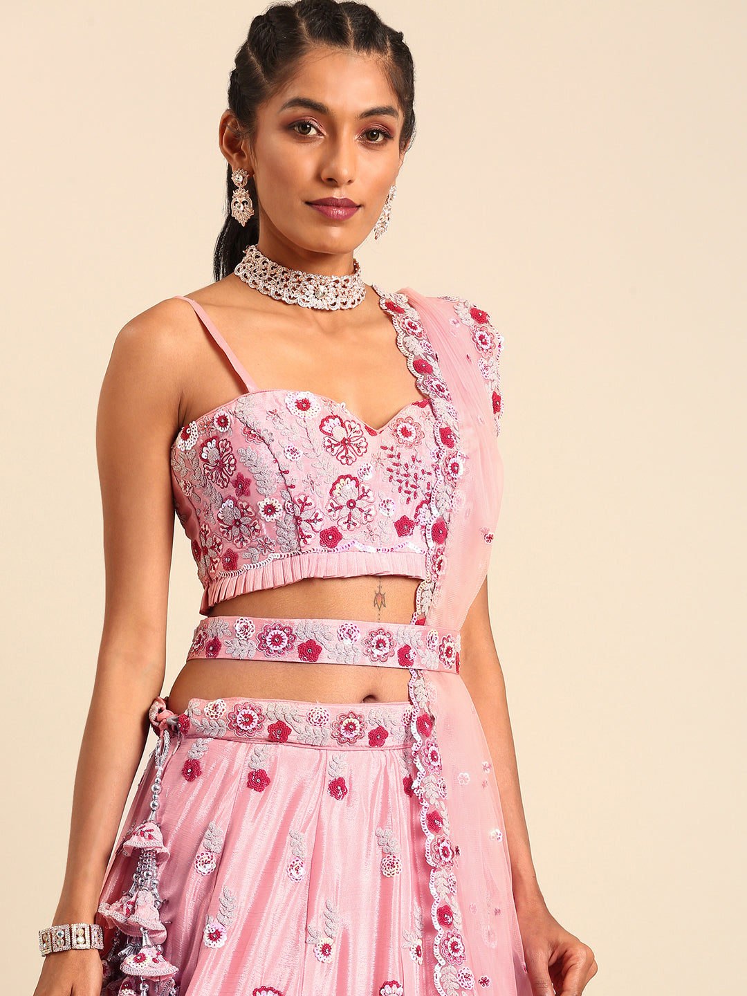 Peach Pure georgette Sequins, Zarkan and thread embroidery Semi-Stitched Lehenga choli & Dupatta
