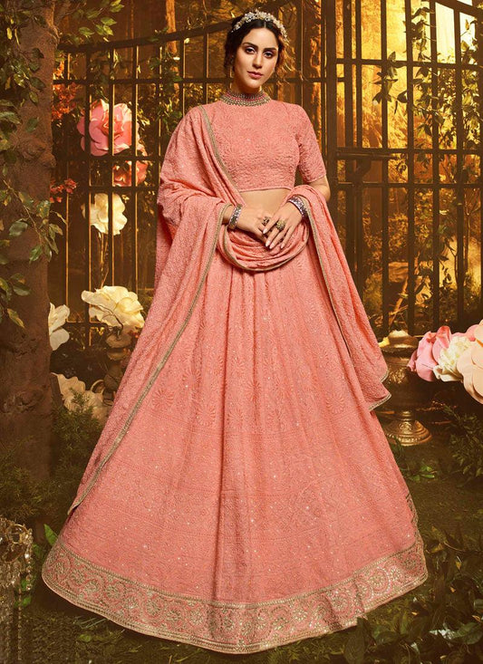 Peach Resham Dori And Sequins Georgette Flared Lehenga Choli