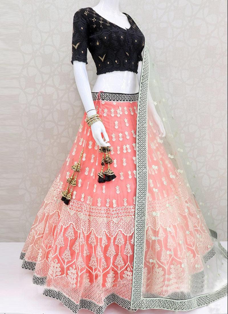 Peach Resham Sequin Soft Net Panelled Lehenga Choli