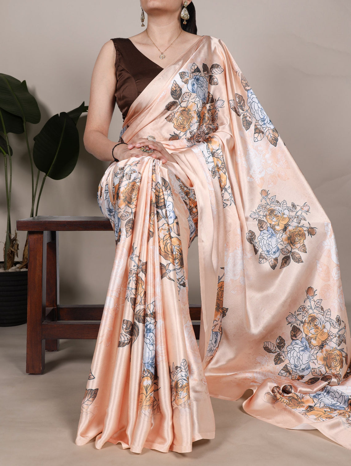 Peach Satin Silk Floral Printed Saree with Natural Silk Blouse Piece
