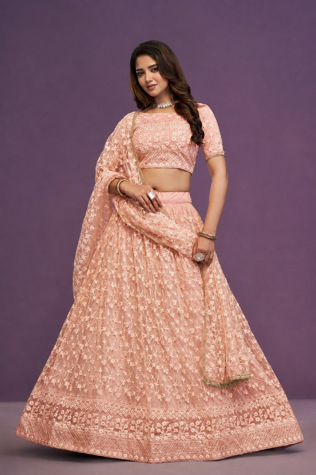 Peach Sequence Embroidered Net Lehenga
