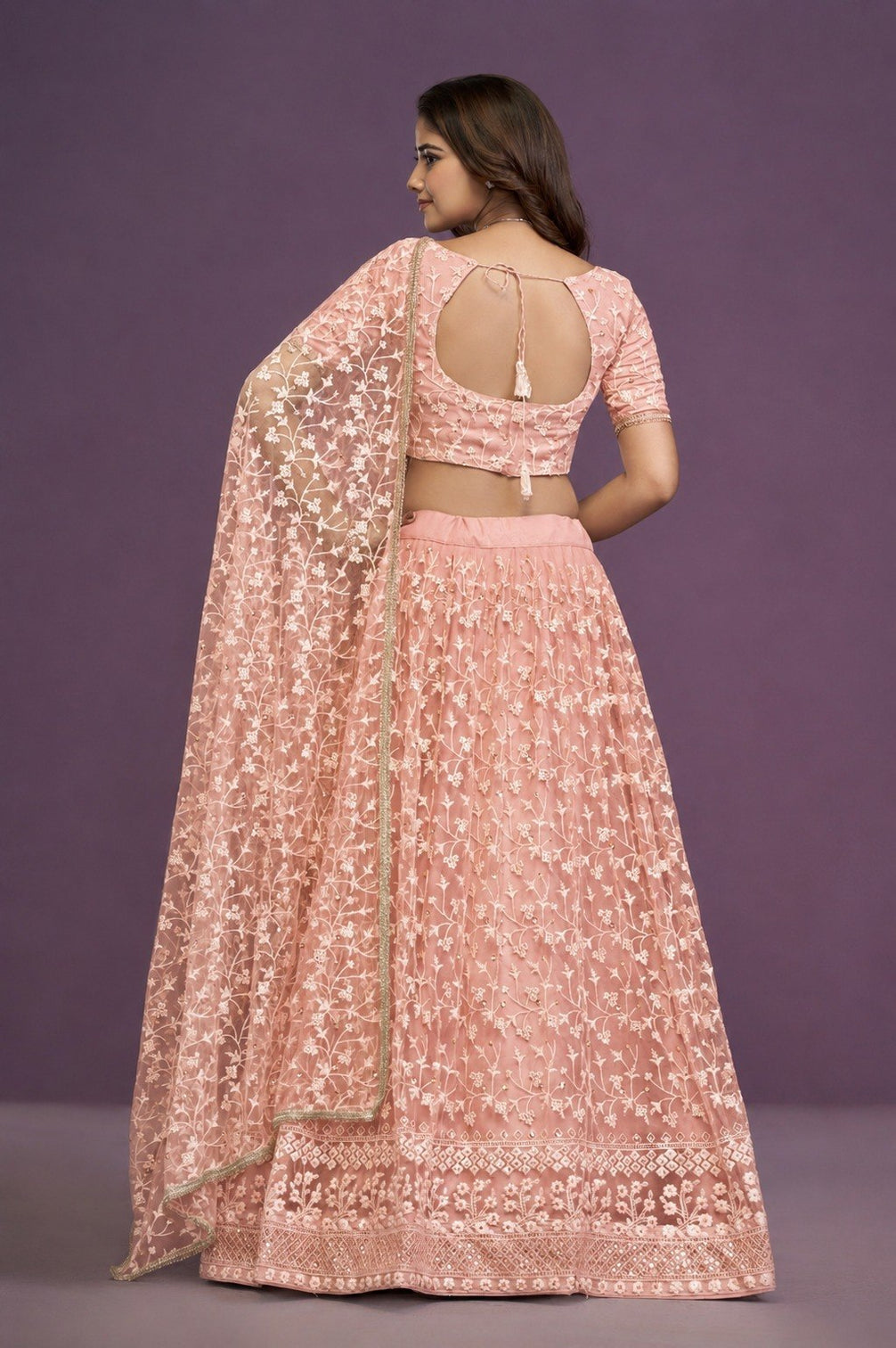 Peach Sequence Embroidered Net Lehenga