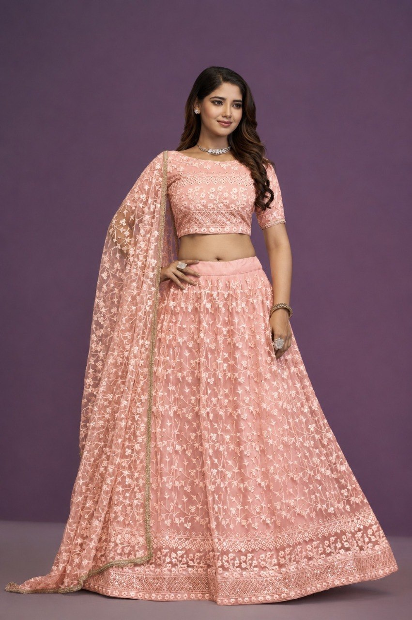 Peach Sequence Embroidered Net Lehenga