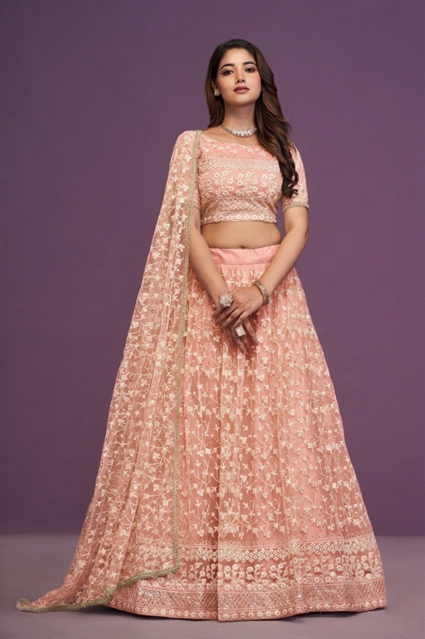 Peach Sequence Embroidered Net Lehenga