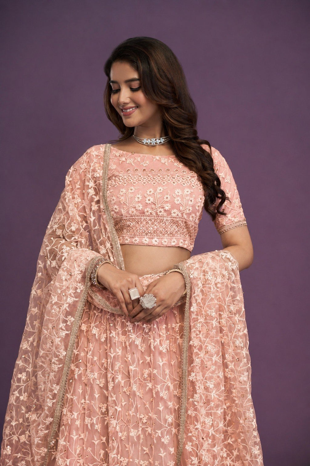 Peach Sequence Embroidered Net Lehenga
