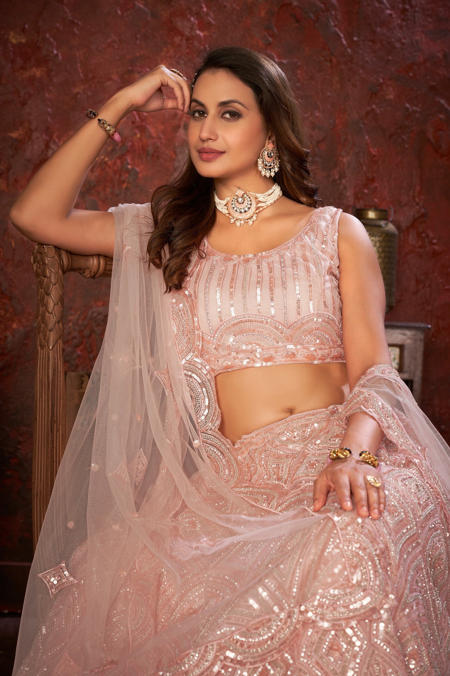 Peach Sequin Embroidered Lehenga Choli Set - Regal Elegance - Designer Wear