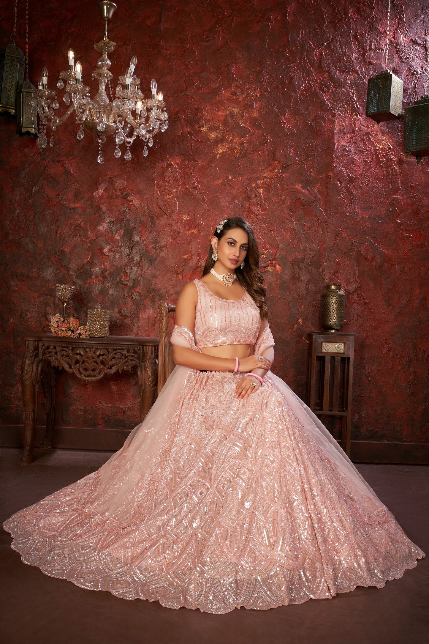 Peach Sequin Embroidered Lehenga Choli Set - Regal Elegance - Designer Wear