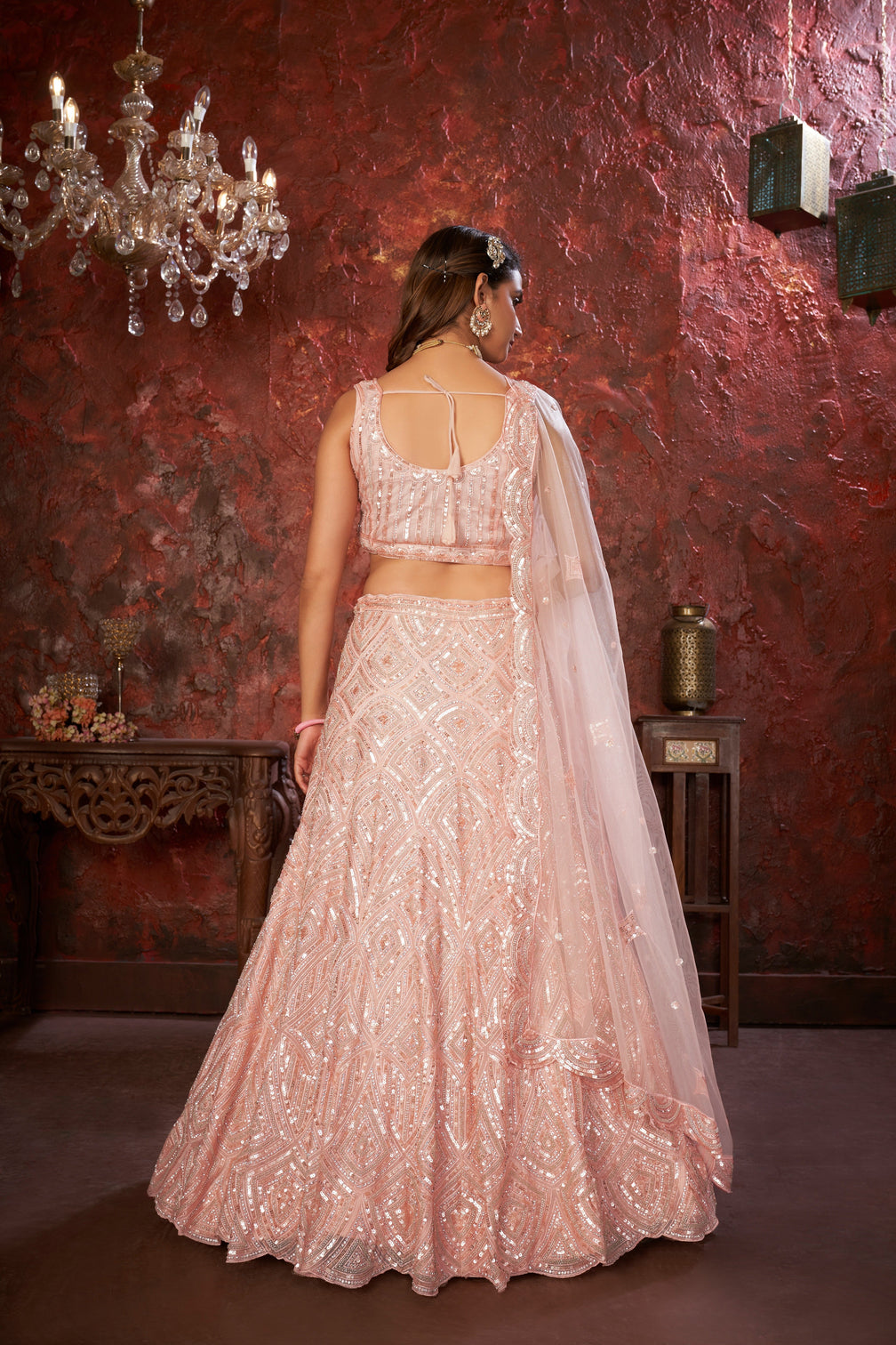Peach Sequin Embroidered Lehenga Choli Set - Regal Elegance - Designer Wear