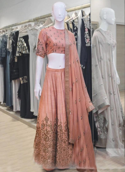 Peach Sequin Raw Silk Festive Look A-Line Lehenga choli