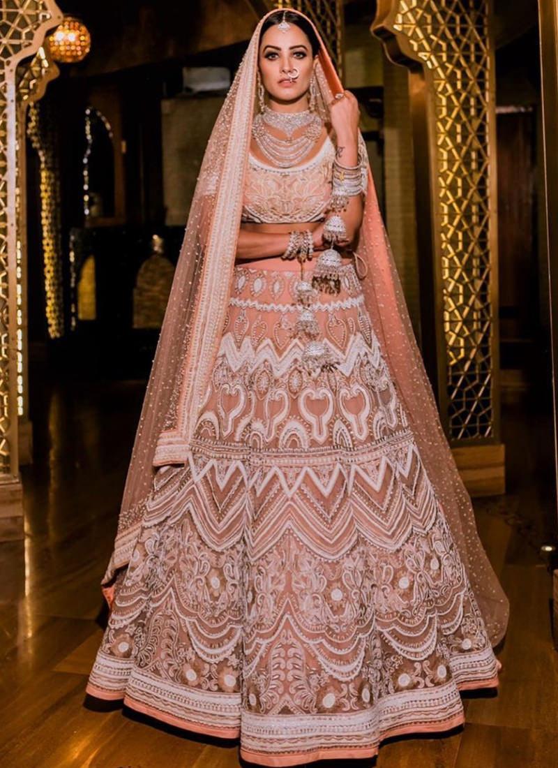 Peach Sequin Resham A-Line Bridal Bollywood Lehenga Choli