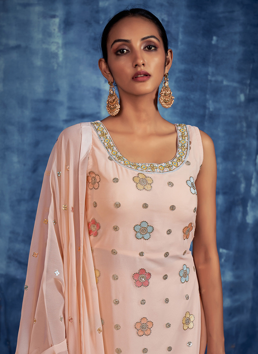 Peach Embroidered Pure Georgette Salwar Stitched