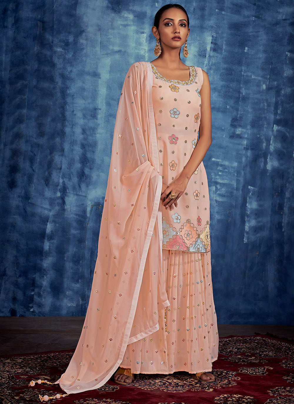 Peach Embroidered Pure Georgette Salwar Stitched