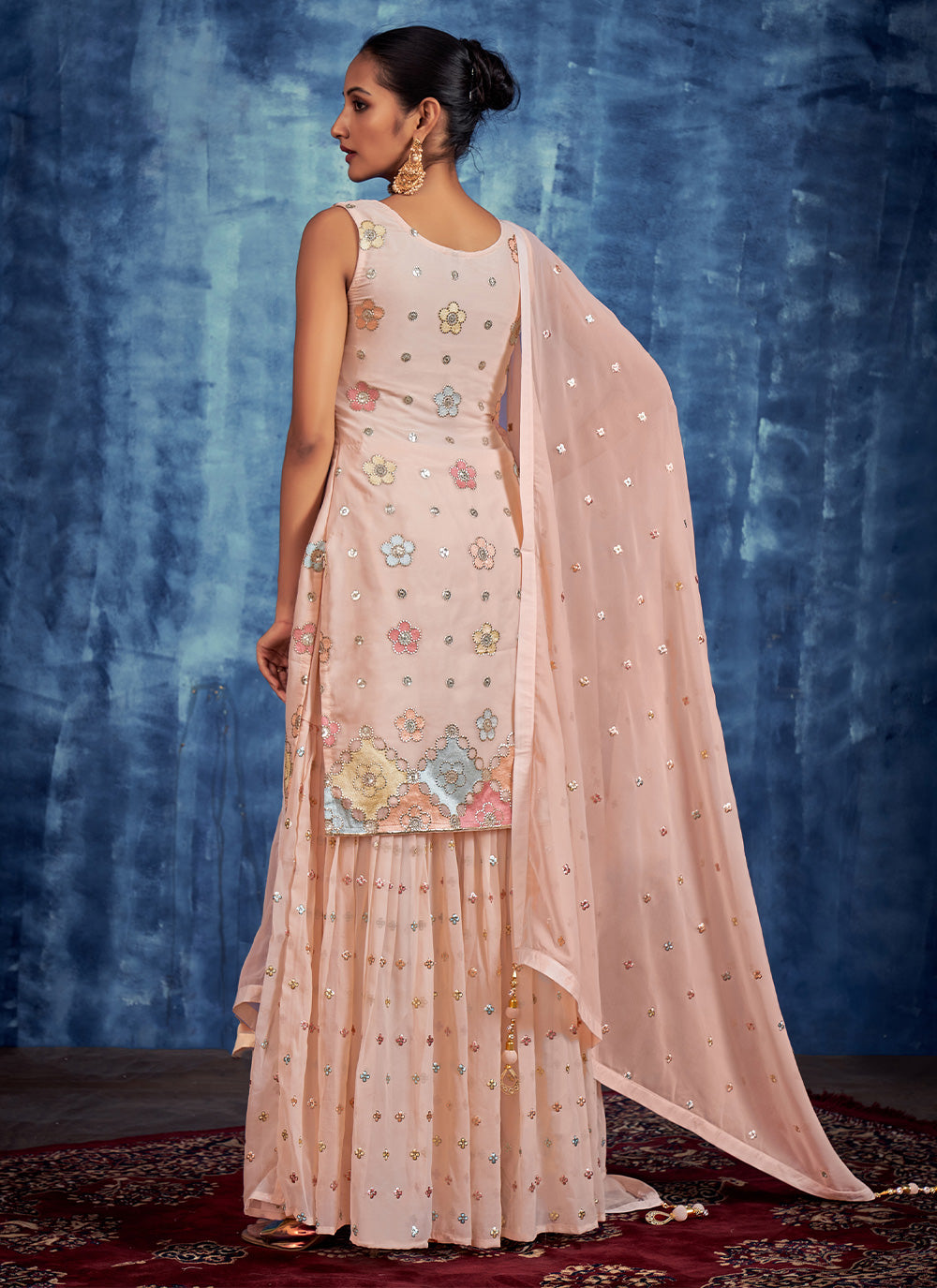 Peach Embroidered Pure Georgette Salwar Stitched
