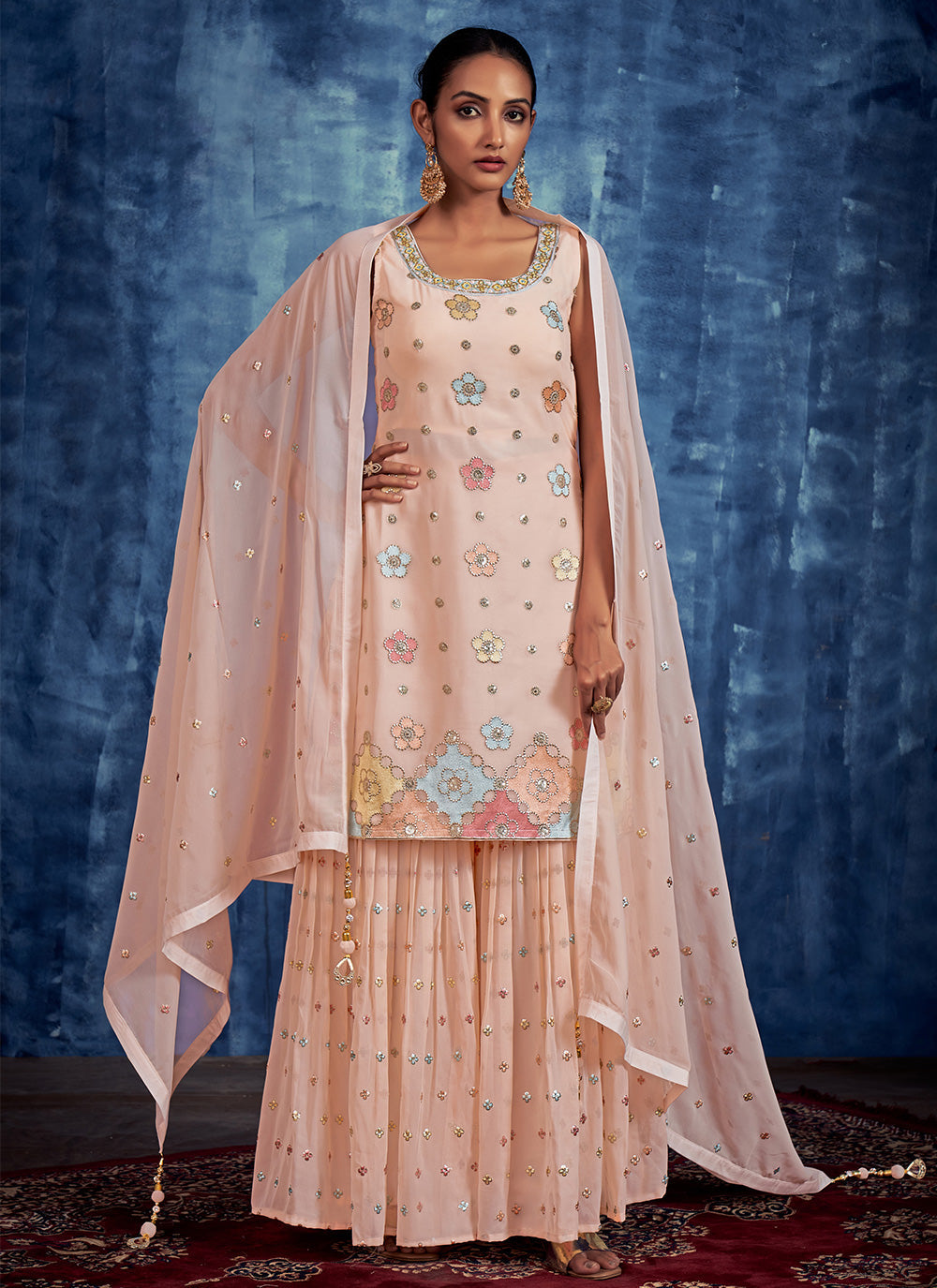 Peach Embroidered Pure Georgette Salwar Stitched