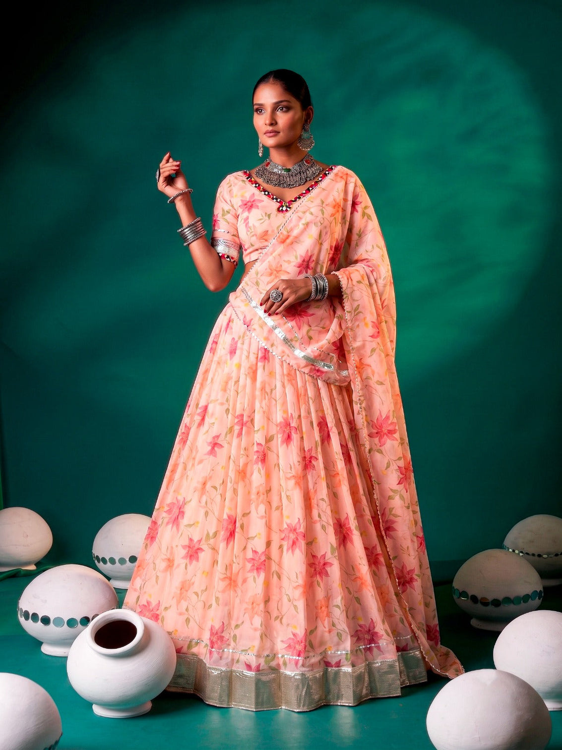 Peach Silk Floral Printed Lehenga