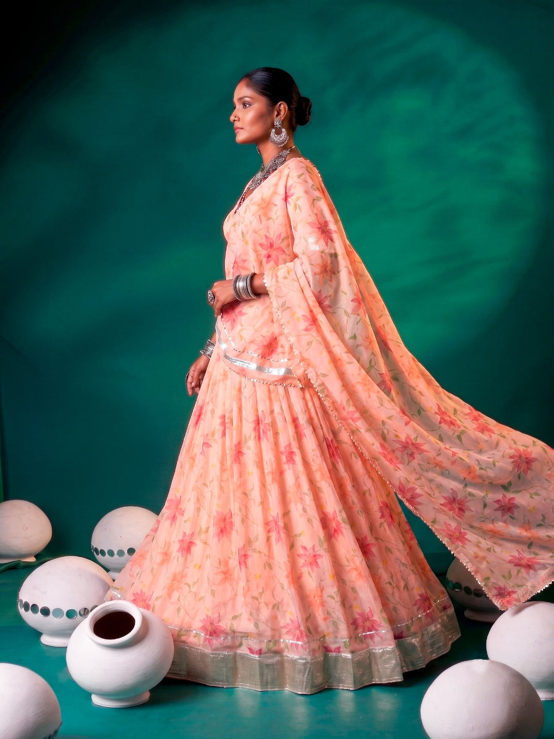 Peach Silk Floral Printed Lehenga