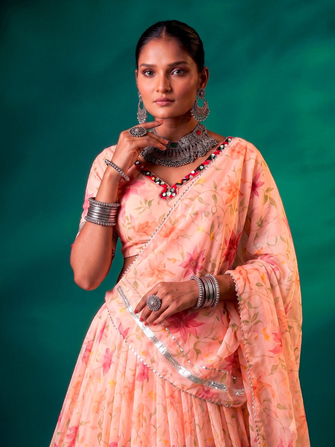 Peach Silk Floral Printed Lehenga