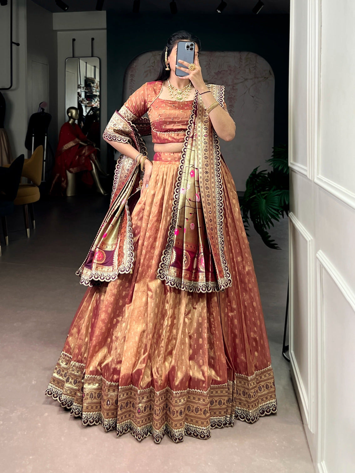 Peach Simmer Lehenga with Paithani Dupatta & Batwa