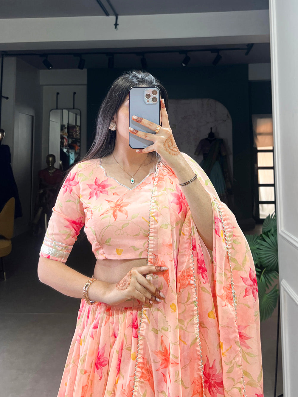 Peach tabby silk floral print lehenga choli with lace border