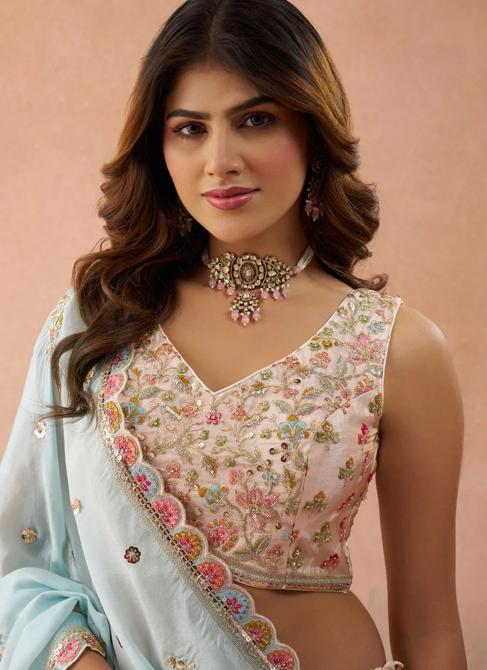 Peach tissue bridal lehenga set with sequins and zari embroidery