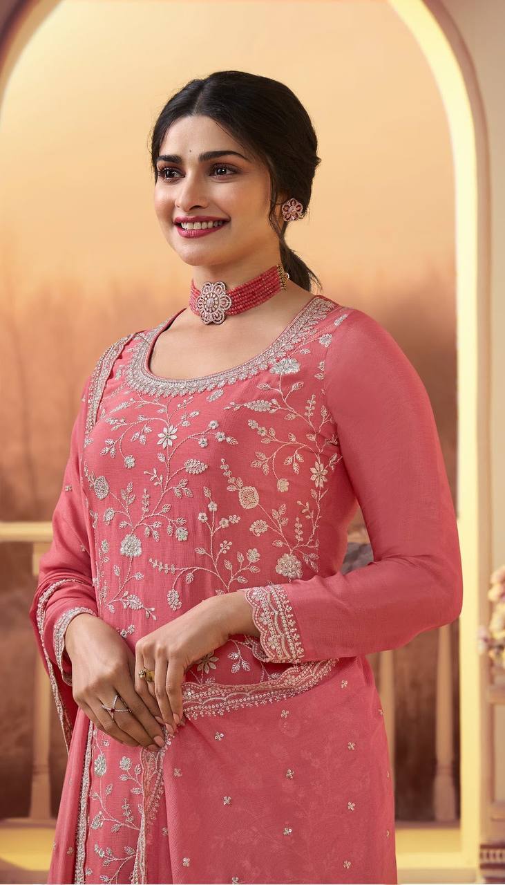 Peach Vichitra Embroidered Salwar Kameez Set