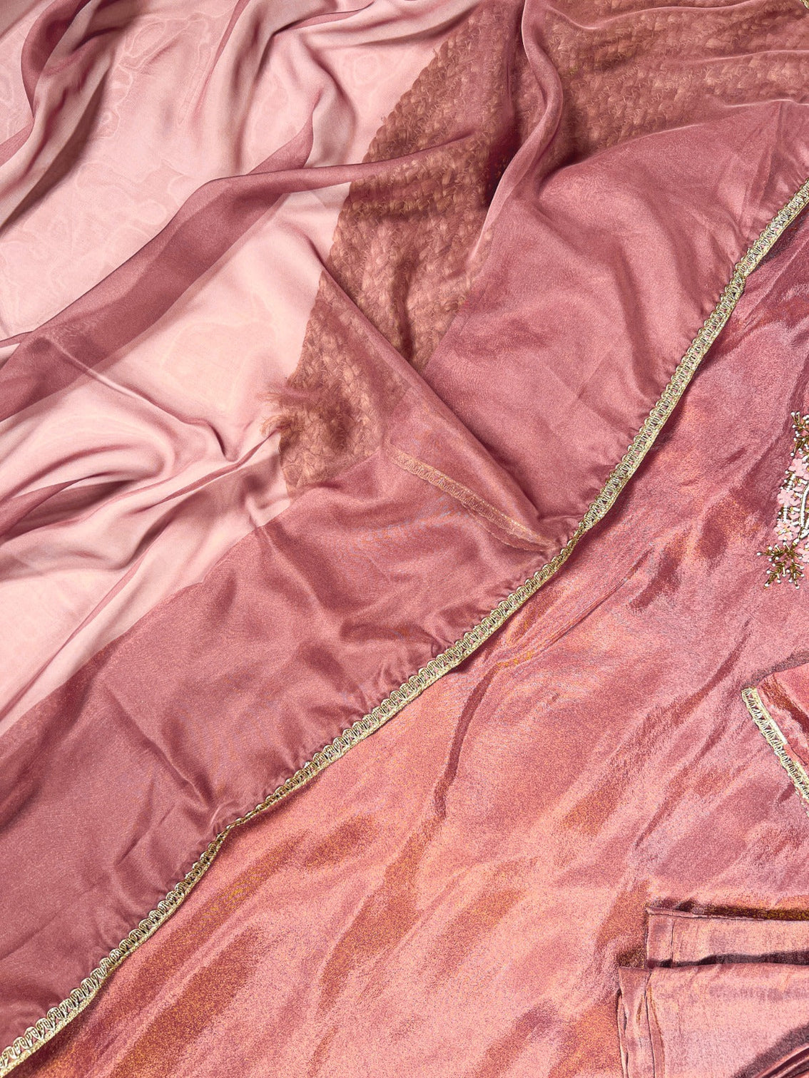 Peach Viscose Tissue Handworked Kurti Set with Organza Dupatta