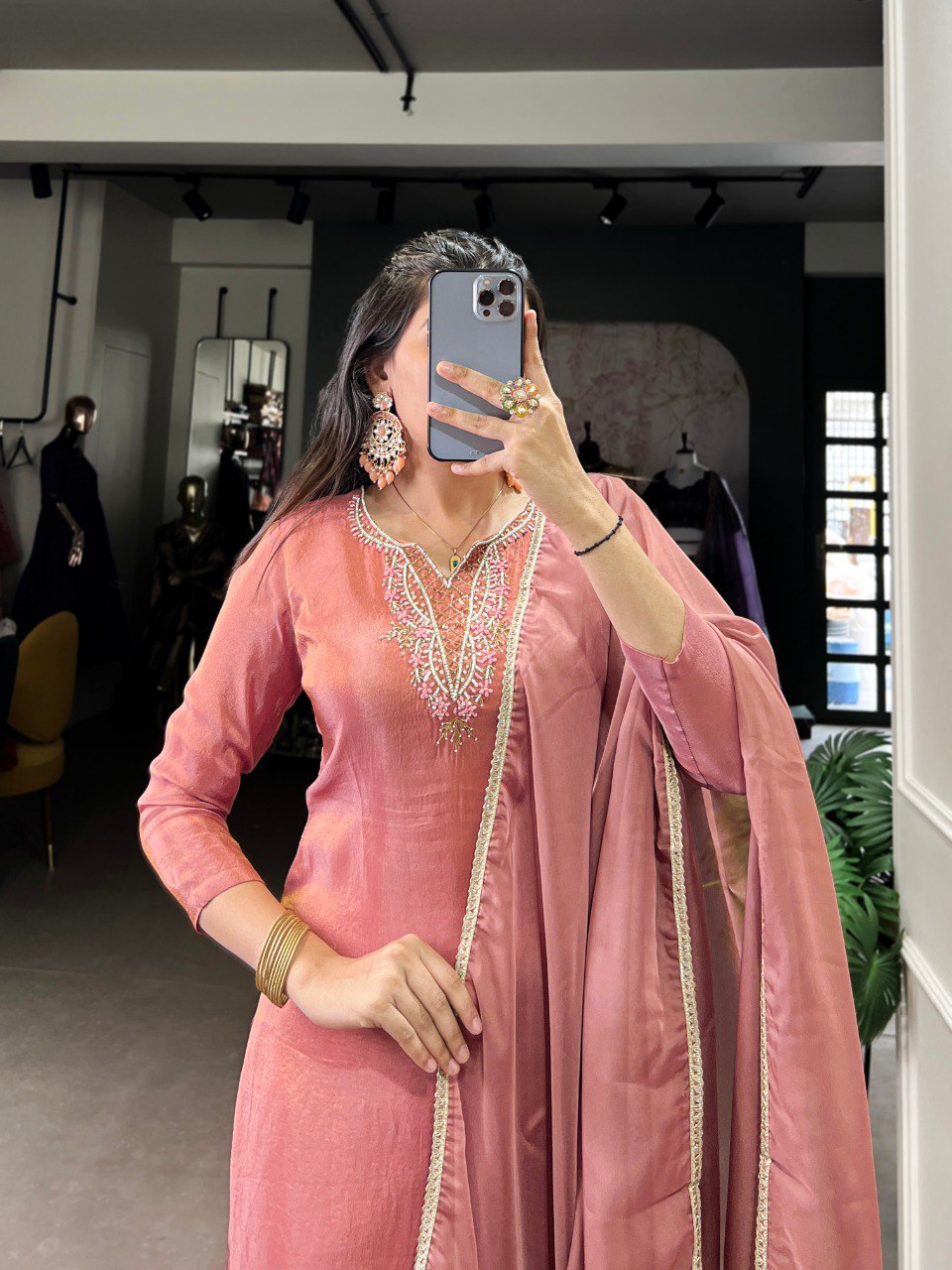 Peach Viscose Tissue Handworked Kurti Set with Organza Dupatta